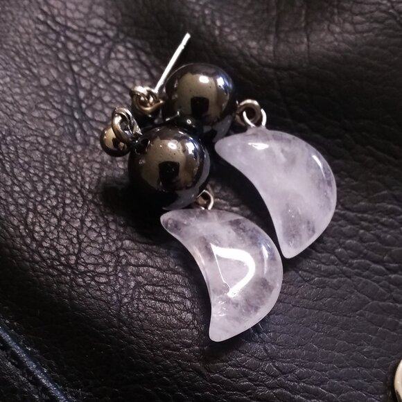 Emotional Balance: Handmade Quartz Moon & Hematite Dangle Earrings - Picture 2 of 10